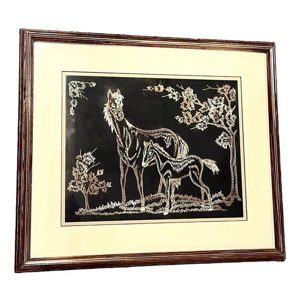 VTG 1930s Embroidery Under Glass HORSE ART Framed Mare Colt Filly Trees 18.5x22"